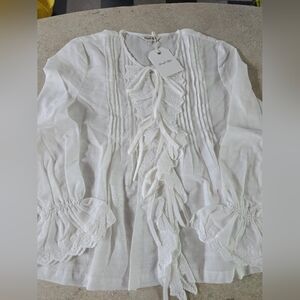 Simple Retro  White Ruffled Blouse with Lace Accents Sz S NEW